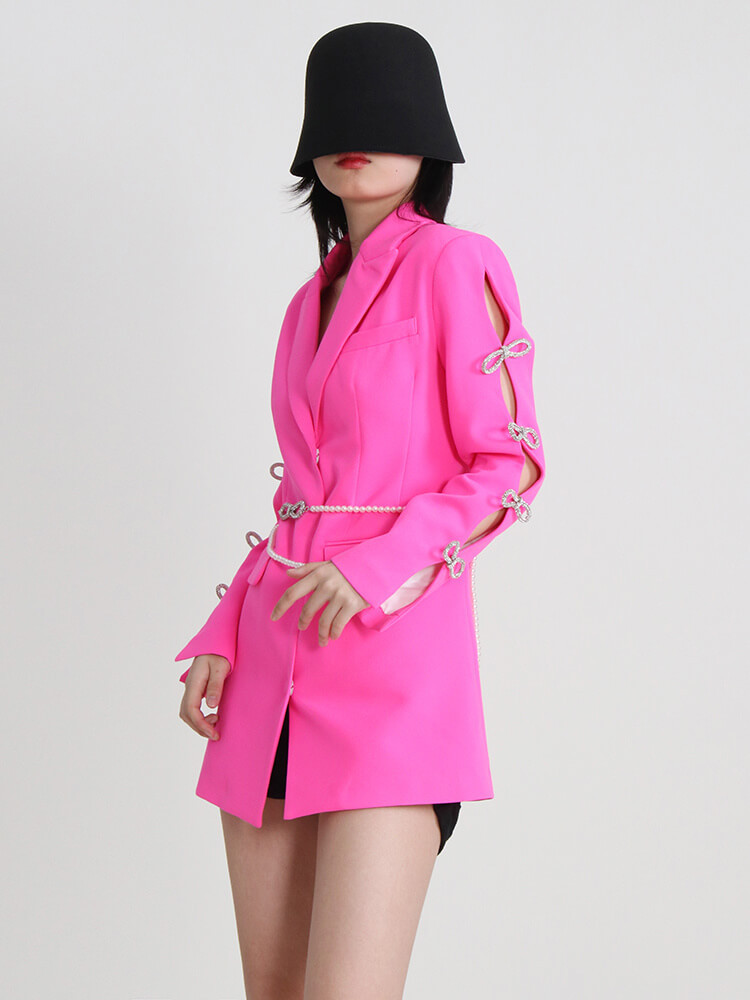 TWOTWINSTYLE Korean Mini Dress For Women Notched Hollow Out Long Sleeve Diamond Belt Solid  Fashion Clothing