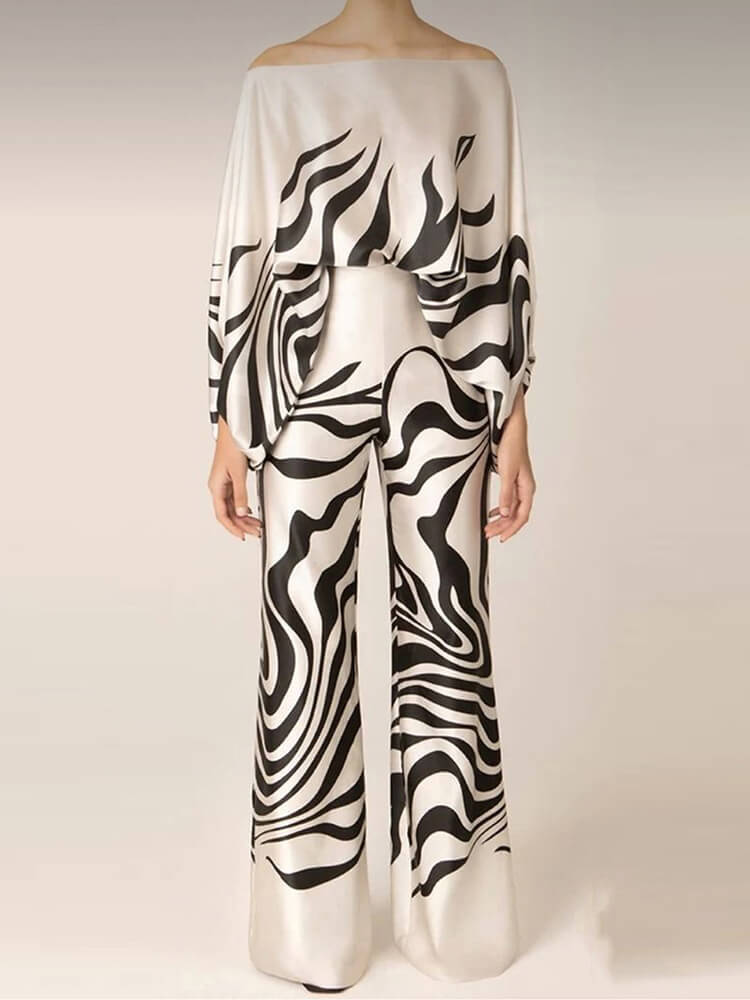 TWOTWINSTYLE Printing Two Piece Sets For Women  Slash Neck Lantern Sleeve Fashion Clothing