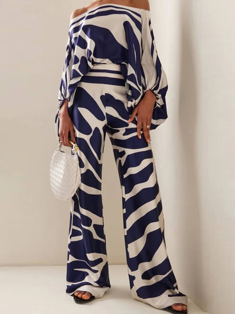 TWOTWINSTYLE Printing Two Piece Sets For Women  Slash Neck Lantern Sleeve Fashion Clothing