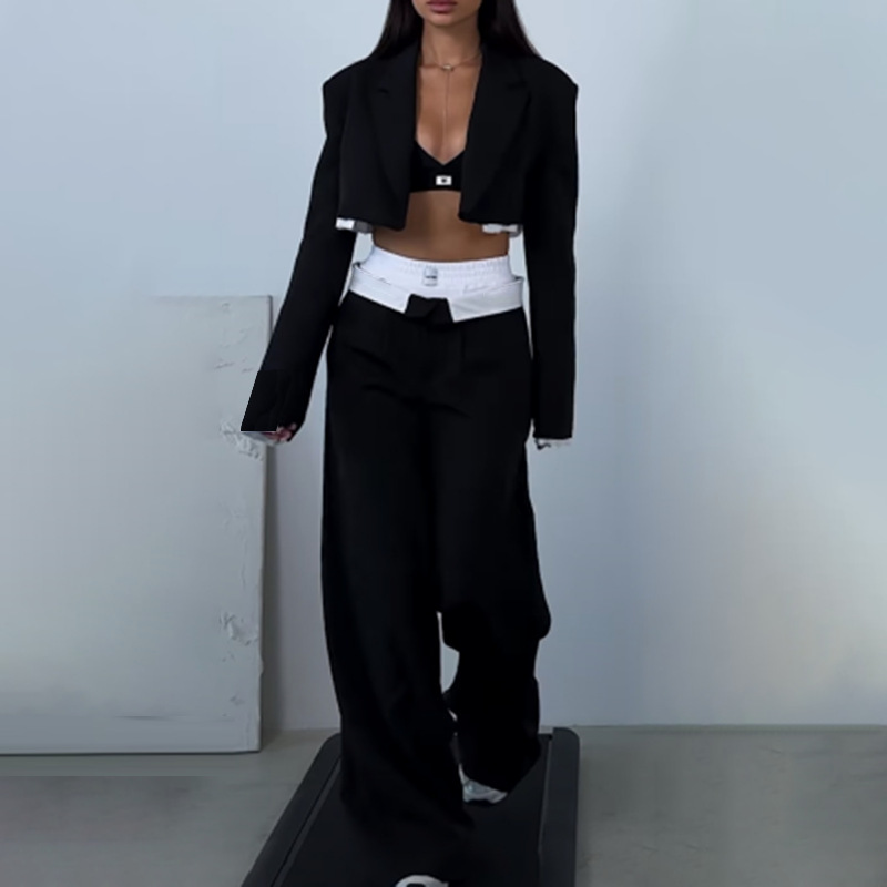 TWOTWINSTYLE Colorblock Two Piece Sets For Women Notched Collar Long Sleeve Blazer High Waist Loose Pant Minimalist Set Female