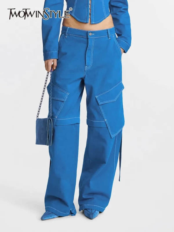 TWOTWINSTYLE Solid Casual Jeans For Women High Waist Full Length Pockets Chic Fashion Clothing