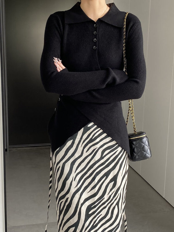 TWOTWINSTYLE Solid Minimalist Knitting Sweaters For Women Lapel Long Sleeve Fashion Clothing