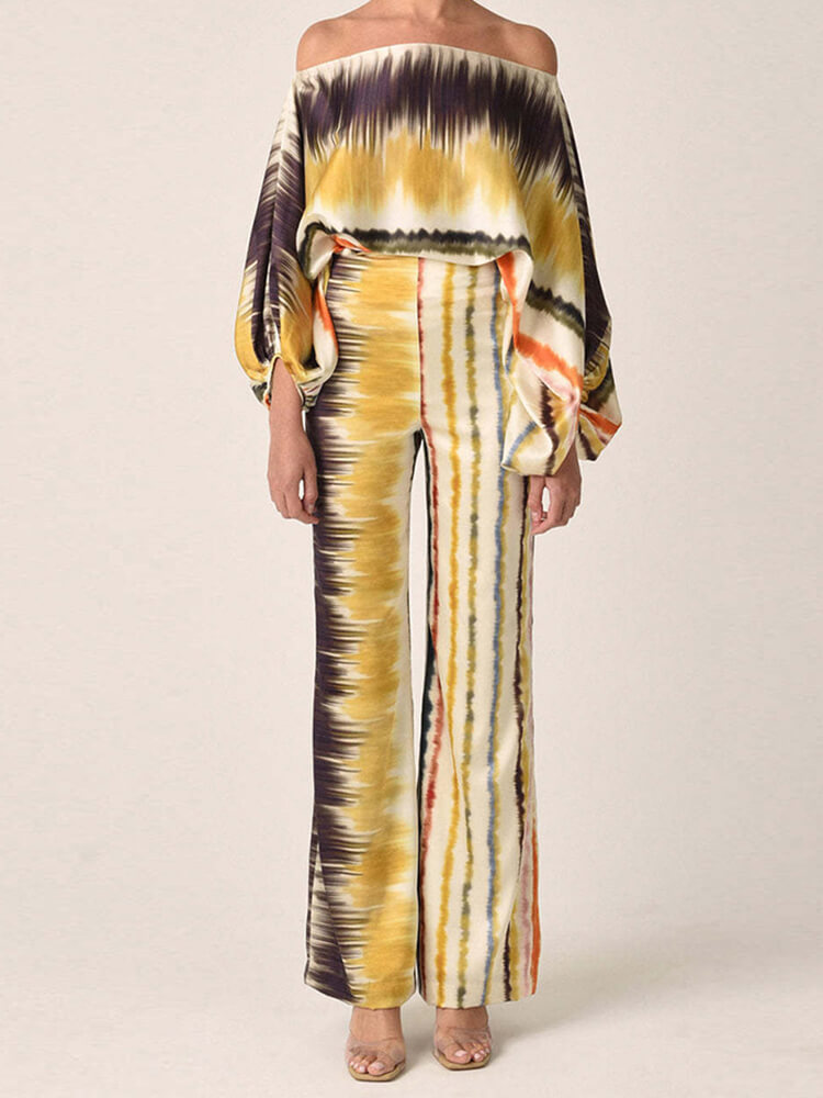 TWOTWINSTYLE Printing Two Piece Sets For Women  Slash Neck Lantern Sleeve Fashion Clothing