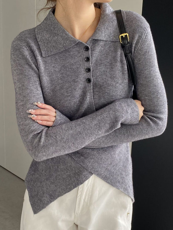 TWOTWINSTYLE Solid Minimalist Knitting Sweaters For Women Lapel Long Sleeve Fashion Clothing