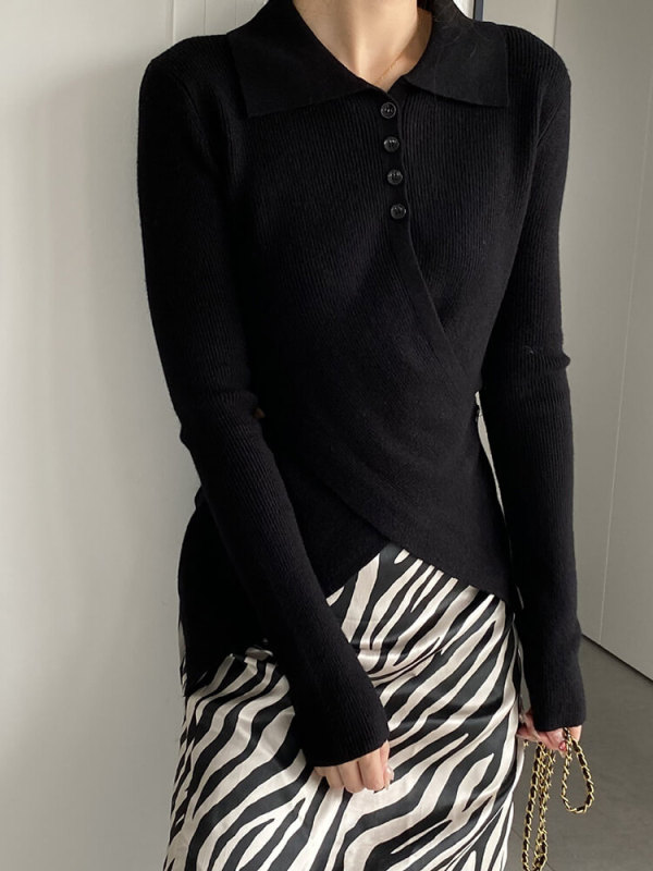 TWOTWINSTYLE Solid Minimalist Knitting Sweaters For Women Lapel Long Sleeve Fashion Clothing