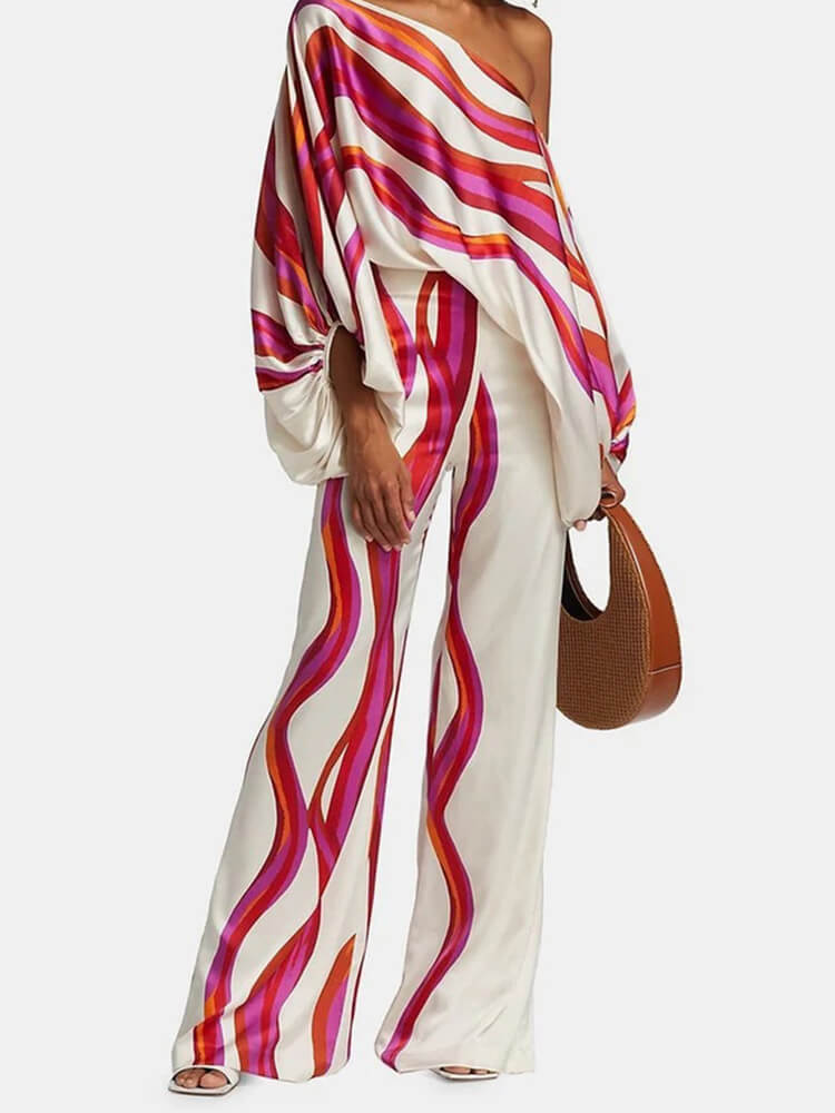 TWOTWINSTYLE Printing Two Piece Sets For Women  Slash Neck Lantern Sleeve Fashion Clothing