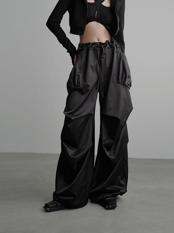 TWOTWINSTYLE Solid Loose Cargo Pants For Women High Waist Full Length Patchwork Drawstring Fashion Clothing