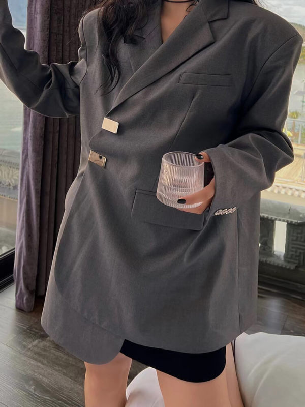 TWOTWINSTYLE Solid Minimalist Blazers For Women Notched Collar Long Sleeve Fashion Clothes