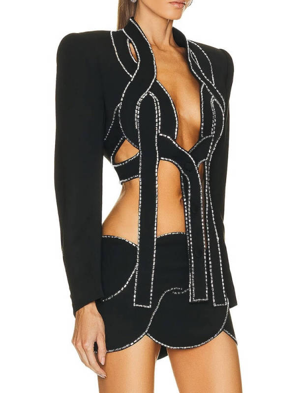 TWOTWINSTYLE Hollow Out Two Piece Set For Women V Neck Long Sleeve Tops High Waist Embroidered Mini Clothing