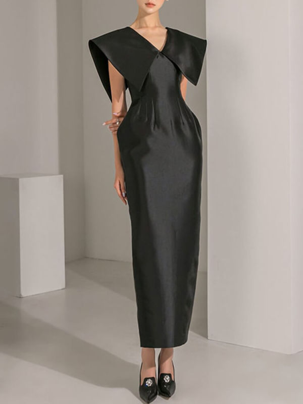 TWOTWINSTYLE Black Elegant Dresses For Women Lapel Sleeveless High Waist Patchwork Folds Fashion Clothing