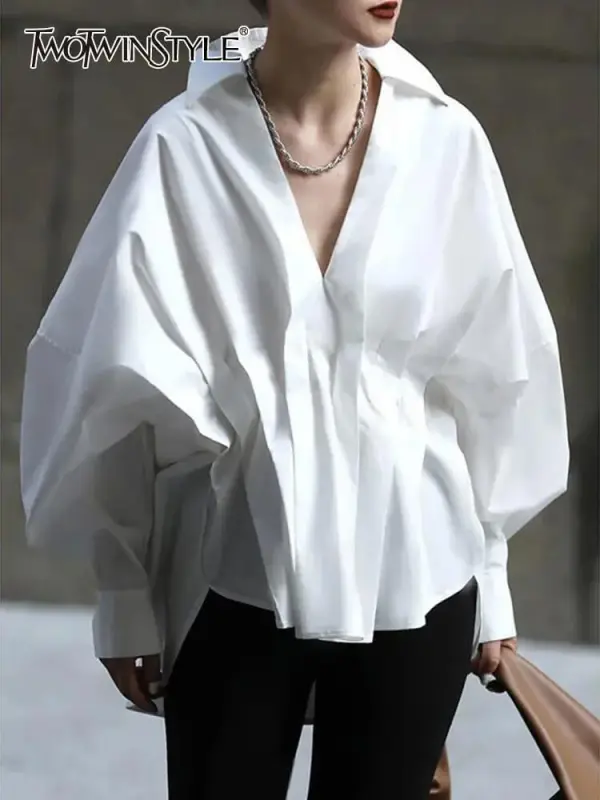 TWOTWINSTYLE Solid Spliced Folds Blouses For Women V Neck Long Sleeve Loose Fashion Clothing