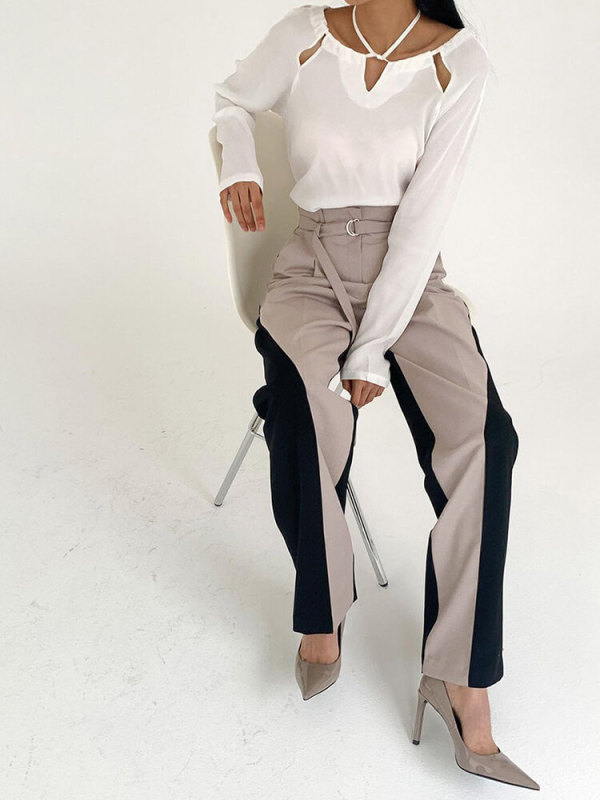 TWOTWINSTYLE Spliced Drawstring Wide Leg Pants For Women  Loose Casual Fashion Clothing
