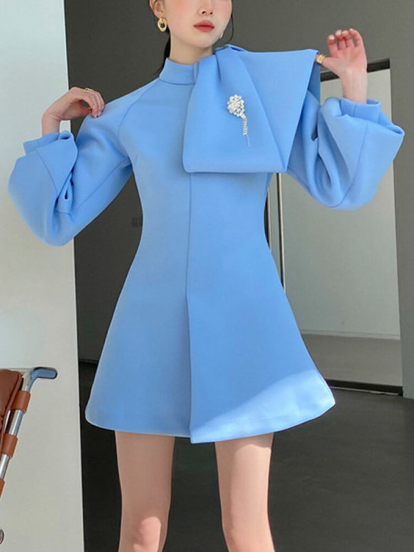 TWOTWINSTYLE Solid Elegant Dresses For Women Scarf Collar Lantern Sleeve Diamonds Fashion Clothing