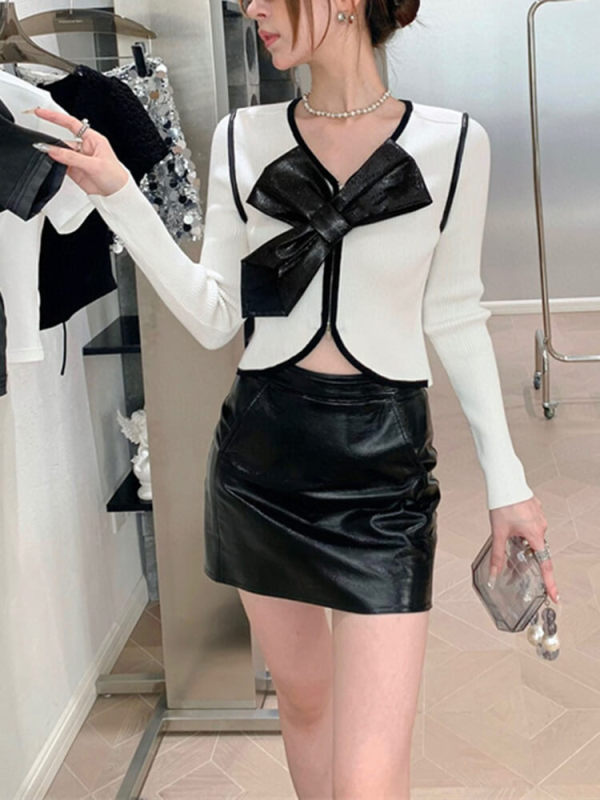 TWOTWINSTYLE T Shirts For Women O Neck Long Sleeve Bowknot Elegant Fashion Clothing