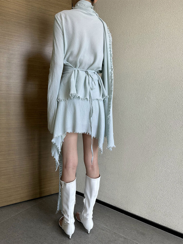 TWOTWINSTYLE Solid Casual Two Piece Sets For Women Scarf Collar Long Sleeve Spliced Folds Slim Fashion Clothing
