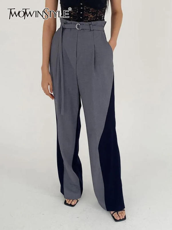 TWOTWINSTYLE Spliced Drawstring Wide Leg Pants For Women  Loose Casual Fashion Clothing