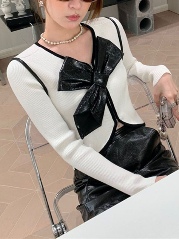 TWOTWINSTYLE T Shirts For Women O Neck Long Sleeve Bowknot Elegant Fashion Clothing