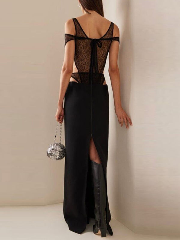 TWOTWINSTYLE Solid Lace Hollow Out Sexy Dresses For Women V Neck Sleeveless Spliced Folds Clothing