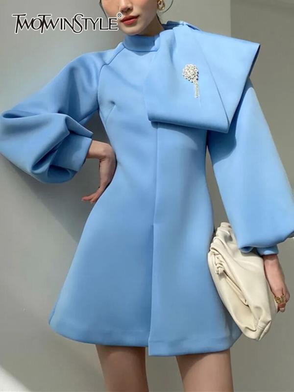 TWOTWINSTYLE Solid Elegant Dresses For Women Scarf Collar Lantern Sleeve Diamonds Fashion Clothing