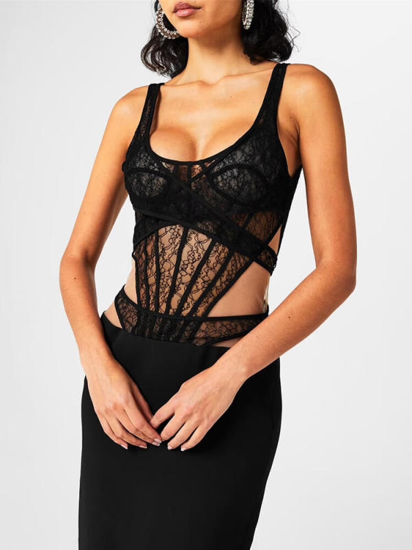 TWOTWINSTYLE Solid Lace Hollow Out Sexy Dresses For Women V Neck Sleeveless Spliced Folds Clothing