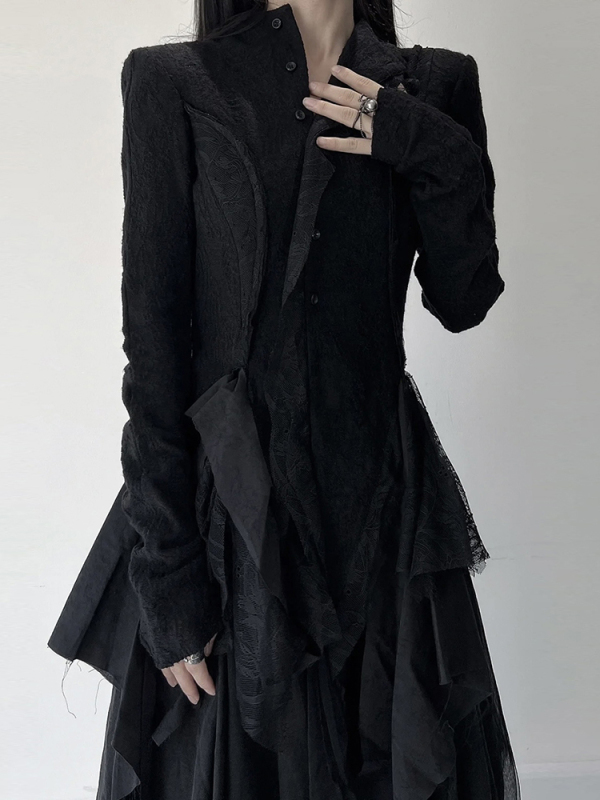 TWOTWINSTYLE Spliced Lace Blouses For Women Round Neck Long Sleeve Irregular Hem Skimming Fashion Clothing