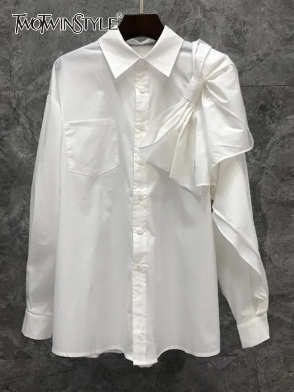 TWOTWINSTYLE Solid Spliced Bow Elegant Blouses For Women Lapel Long Sleeve Single Breasted Fashion Clothing