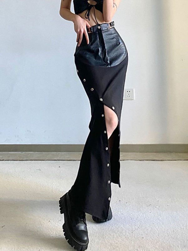 TWOTWINSTYLE Solid Spliced Leather Skirts For Women High Waist Button Fashion Clothing