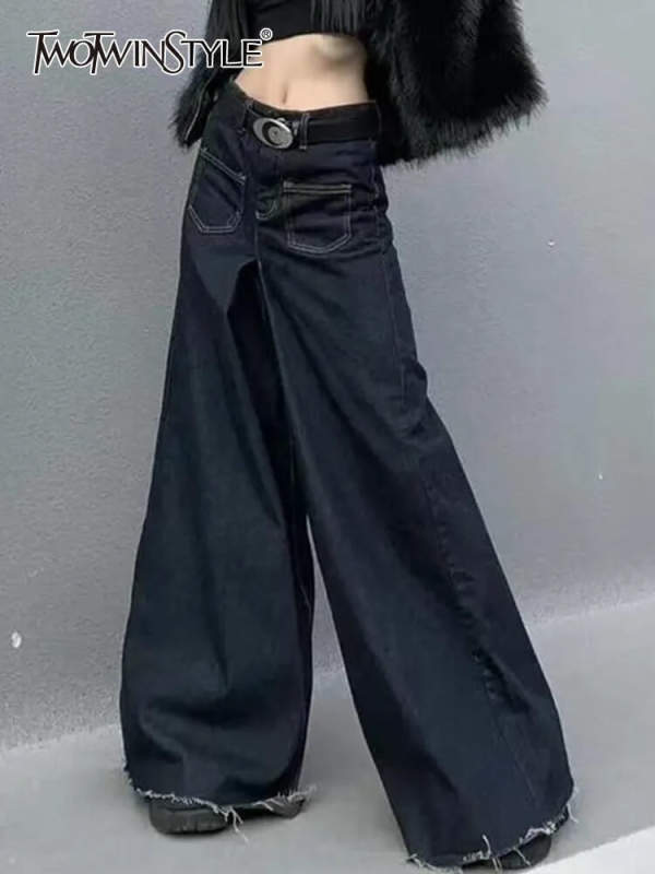 TWOTWINSTYLE Designer Patchwork Pockets Boot Cut Jeans For Women Spliced Button Denim Fashion New