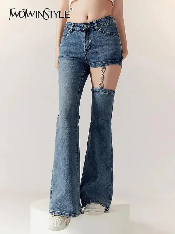 TWOTWINSTYLEDenim Pants For Women Button Hollow Out Designer Flare Jeans Female Fashion 2023