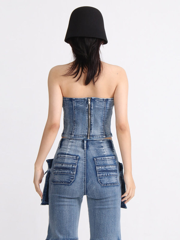 TWOTWINSTYLE Denim Solid Tank Tops For Women Strapless Sleeveless Slim Backless Fashion Clothing