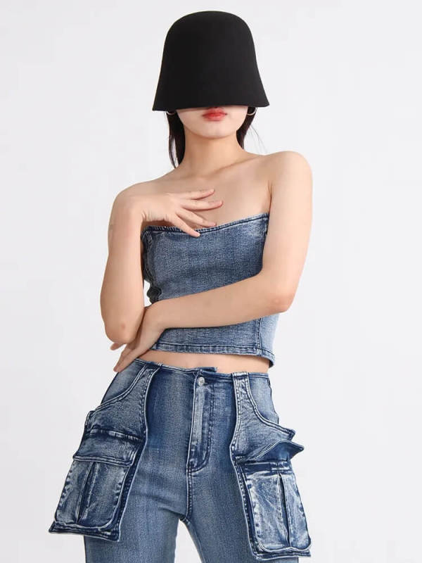 TWOTWINSTYLE Denim Solid Tank Tops For Women Strapless Sleeveless Slim Backless Fashion Clothing