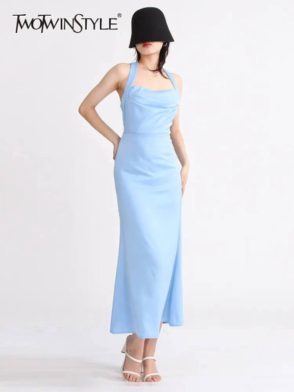 TWOTWINSTYLE Off Shoulder Dresses For Women Halter Sleeveless High Waist Fashion Clothing