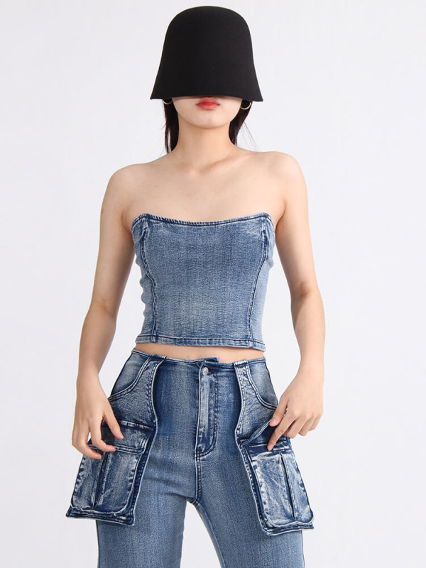 TWOTWINSTYLE Denim Solid Tank Tops For Women Strapless Sleeveless Slim Backless Fashion Clothing
