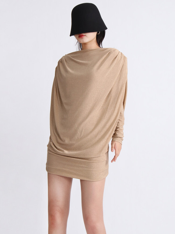 TWOTWINSTYLE Mini  Dresses For Women Round Neck Long Sleeve High Waist Folds Fashion Clothing