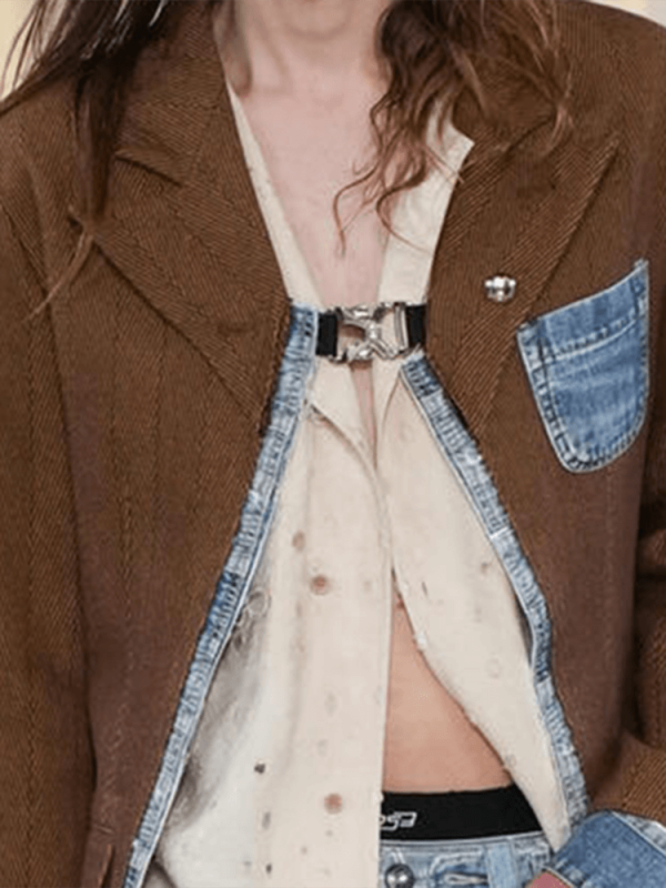 TWOTWINSTYLE Spliced Denim Chic Blazers For Women Notched Collar Streetwear Clothing