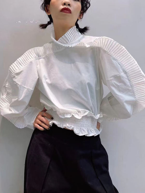 TWOTWINSTYLE Solid Shirts For Women Stand Collar Puff Sleeve Patchwork Ruffles Fashion New