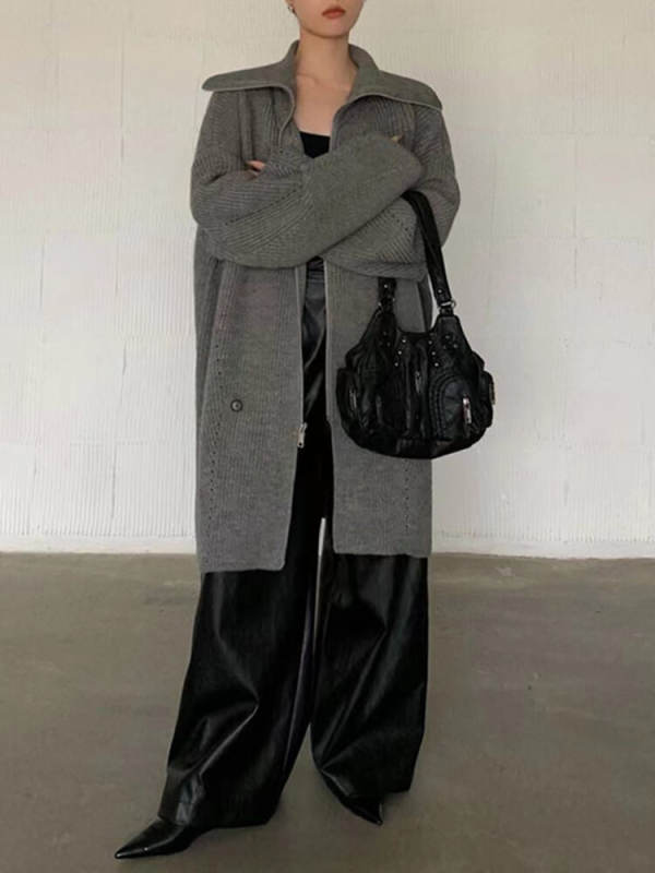 TWOTWINSTYLE Black  Sweaters For Women Lapel Long Sleeve Patchwork Zipper Fashion Clothing