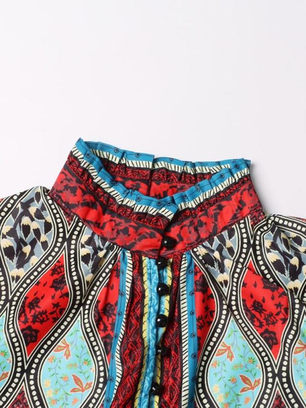 TWOTWINSTYLE Vintage Print  Dress For Women Round Neck Long Sleeve Bowknot Autumn Clothing New