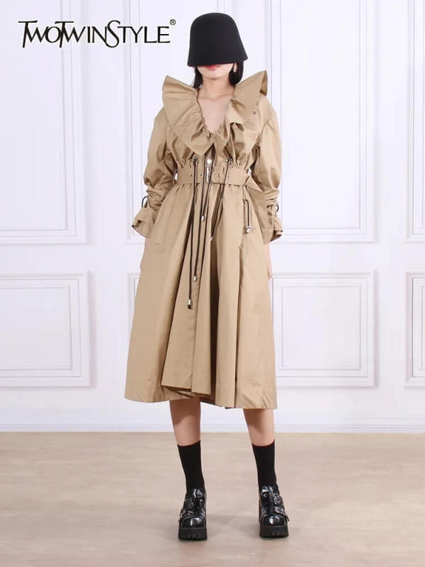 TWOTWINSTYLE Spliced Drawstring Trenches For Women Lapel Long Sleeve Belt Fashion Coat Clothing