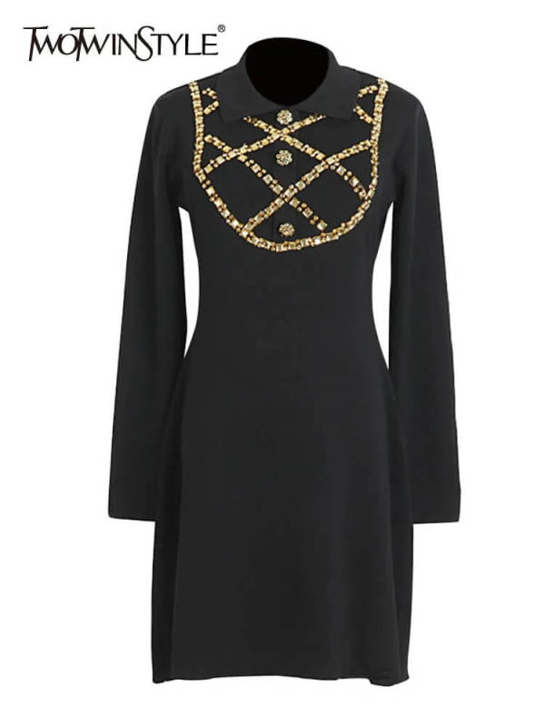 TWOTWINSTYLE  Patchwork  Diamonds  Dresses For Women Lapel Long Sleeve High Waist  Knitting Fashion Clothing