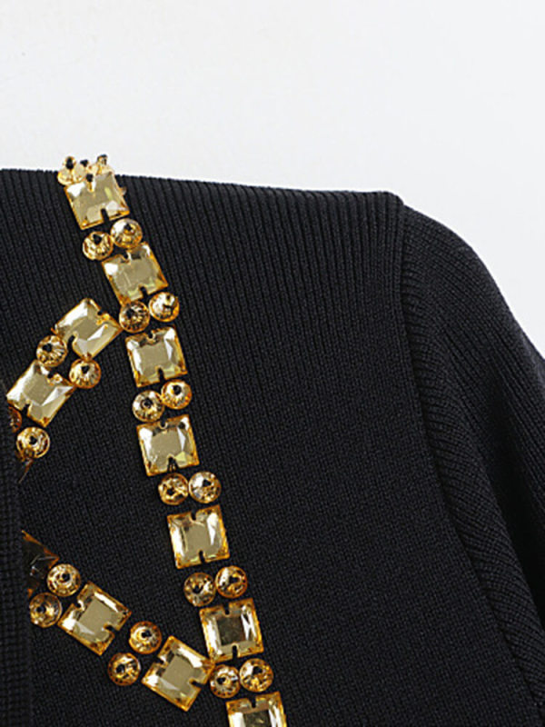 TWOTWINSTYLE  Patchwork  Diamonds  Dresses For Women Lapel Long Sleeve High Waist  Knitting Fashion Clothing