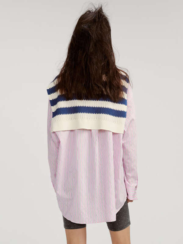 TWOTWINSTYLE  Two Piece Sets For Women Lapel Long Sleeve Blouse Knitting Shawl Striped Fashion Clothing