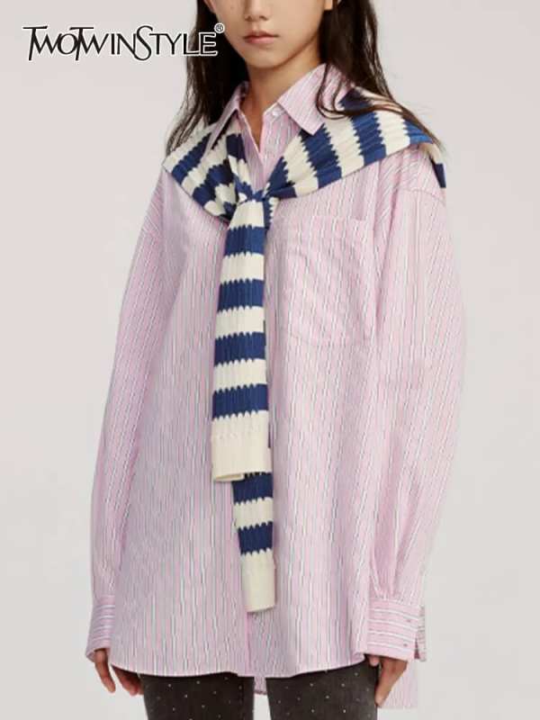 TWOTWINSTYLE  Two Piece Sets For Women Lapel Long Sleeve Blouse Knitting Shawl Striped Fashion Clothing