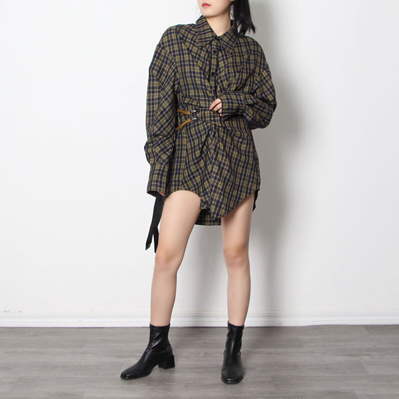 TWOTWINSTYLE Shirts For Women Paid Patchwork Belt Long Sleeve Fashion Clothing 2023