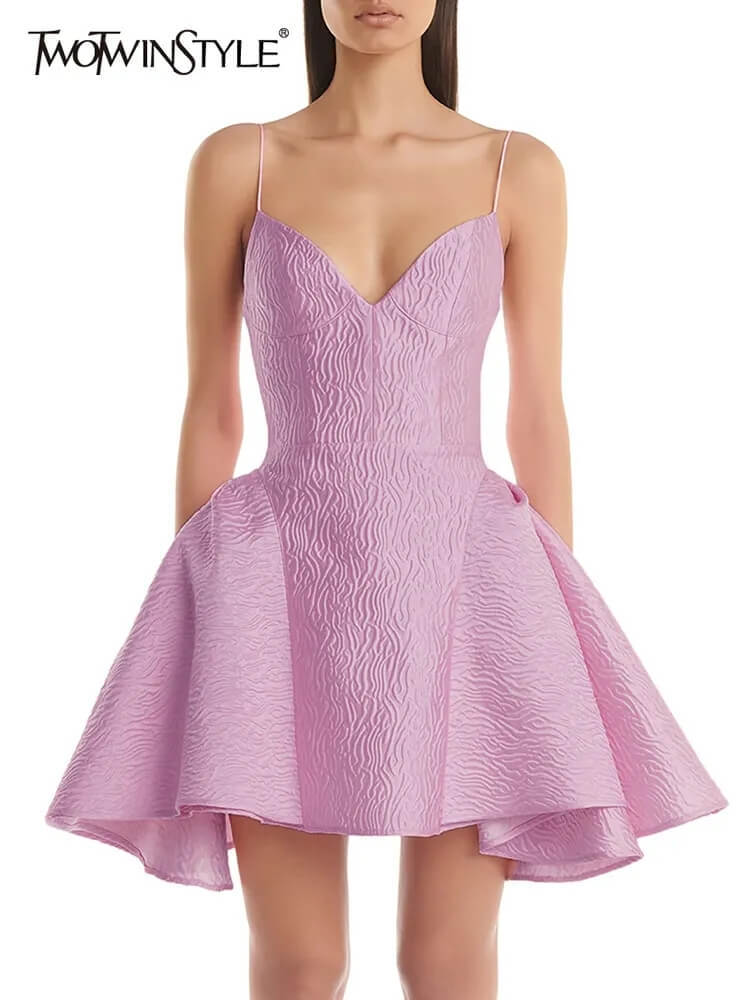 TWOTWINSTYLE  Spliced Ruffles  Mini Dresses For Women Square Collar Sleeveless Slimming  Fashion Style