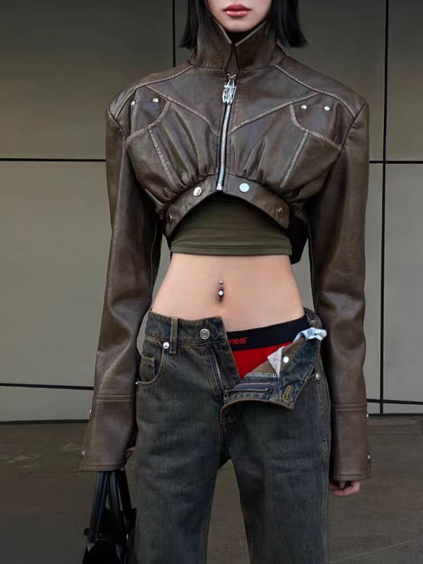 TWOTWINSTYLE Detachable Vintage Jackets For Women Lapel Long Sleeve Patchwork Zipper Fashion Clothing