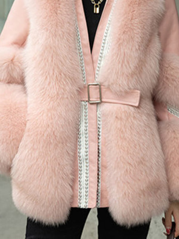 TWOTWINSTYLE  Belt Faux Fur Coats For Women V Neck Long Sleeve  Fashion Clothing 2023 New