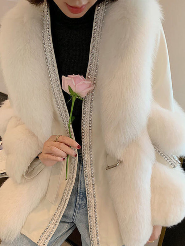 TWOTWINSTYLE  Belt Faux Fur Coats For Women V Neck Long Sleeve  Fashion Clothing 2023 New