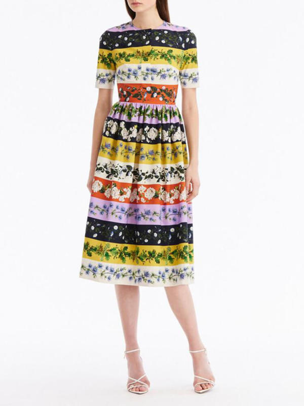 TWOTWINSTYLE  Floral Printing Dress For Women Round Neck Short Sleeve High Waist Folds  Fashion Clothing  New