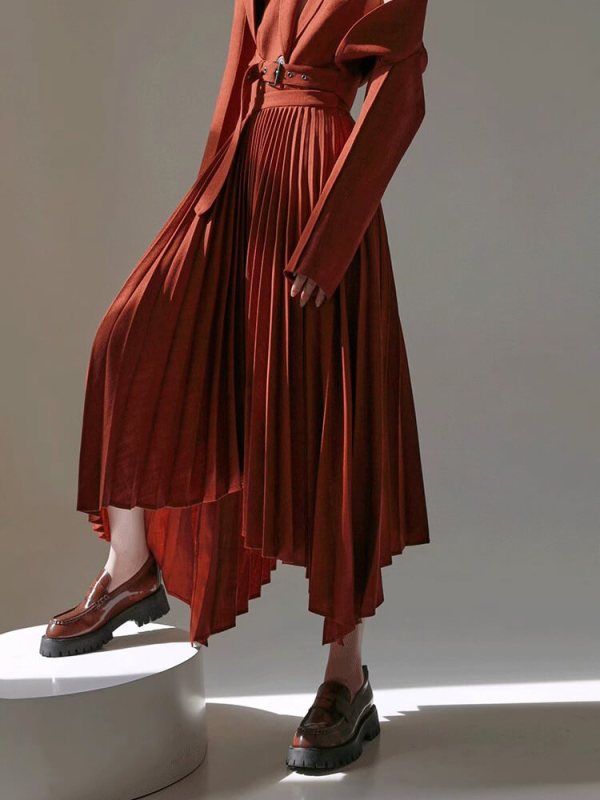 TWOTWINSTYLE Casual Patchwork Pleated Skirts For Women High Waist  Irregular Hem Fashion Clothing